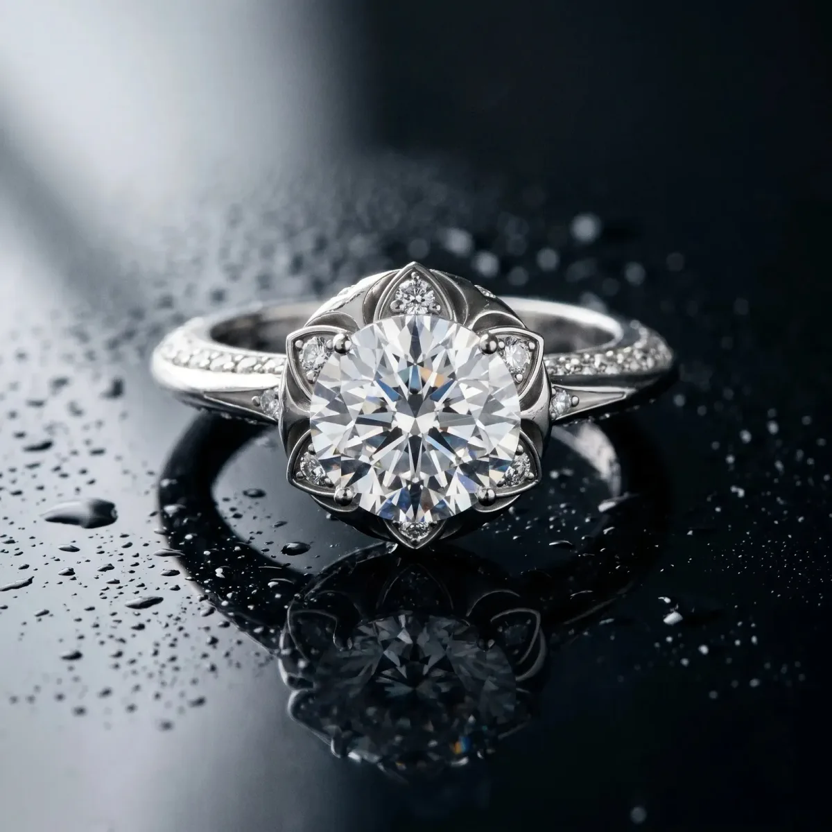 Round Cut Halo Split Shank Pave Diamond Ring with Petal Prong Setting Platinum