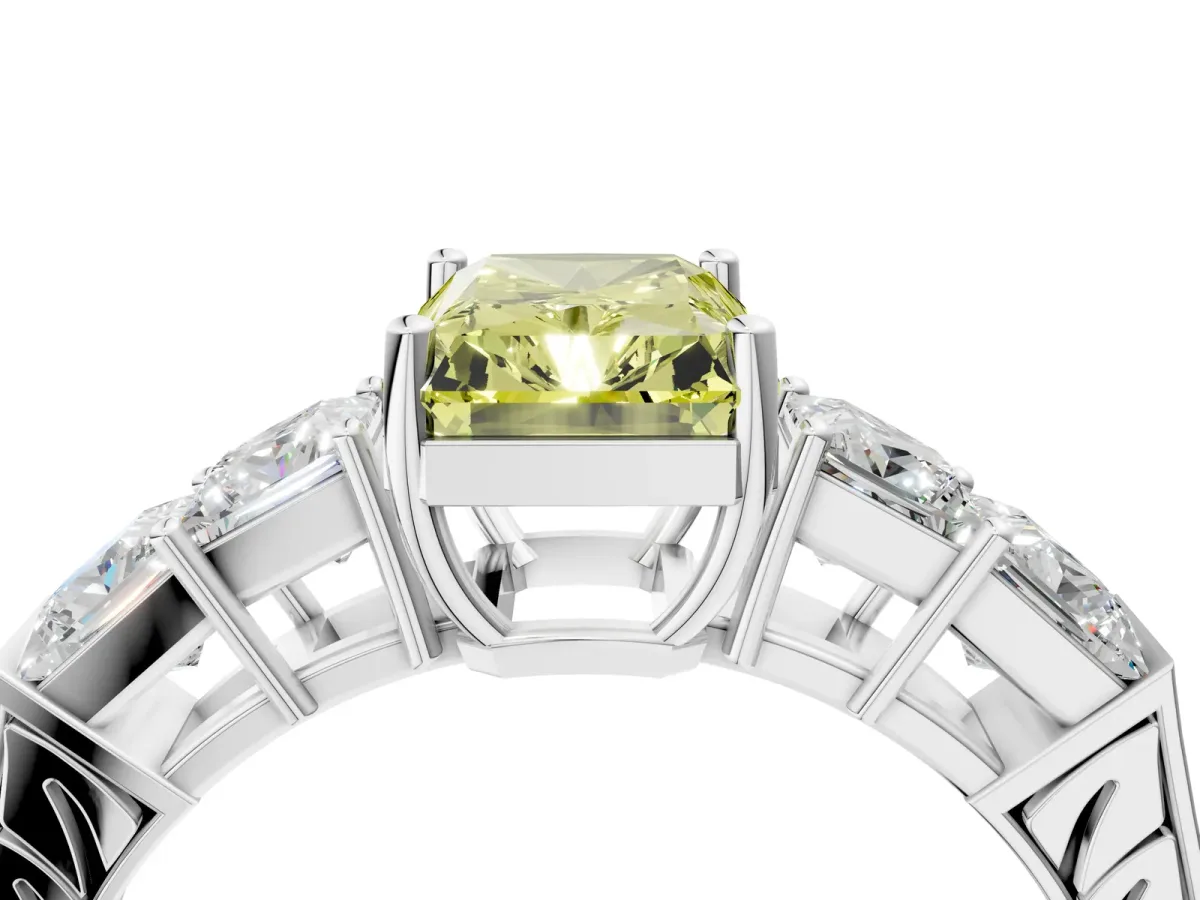 Fancy Yellow Radiant Cut Solitaire Princess Side Stone Engraved Band Prong Setting Ring Silver