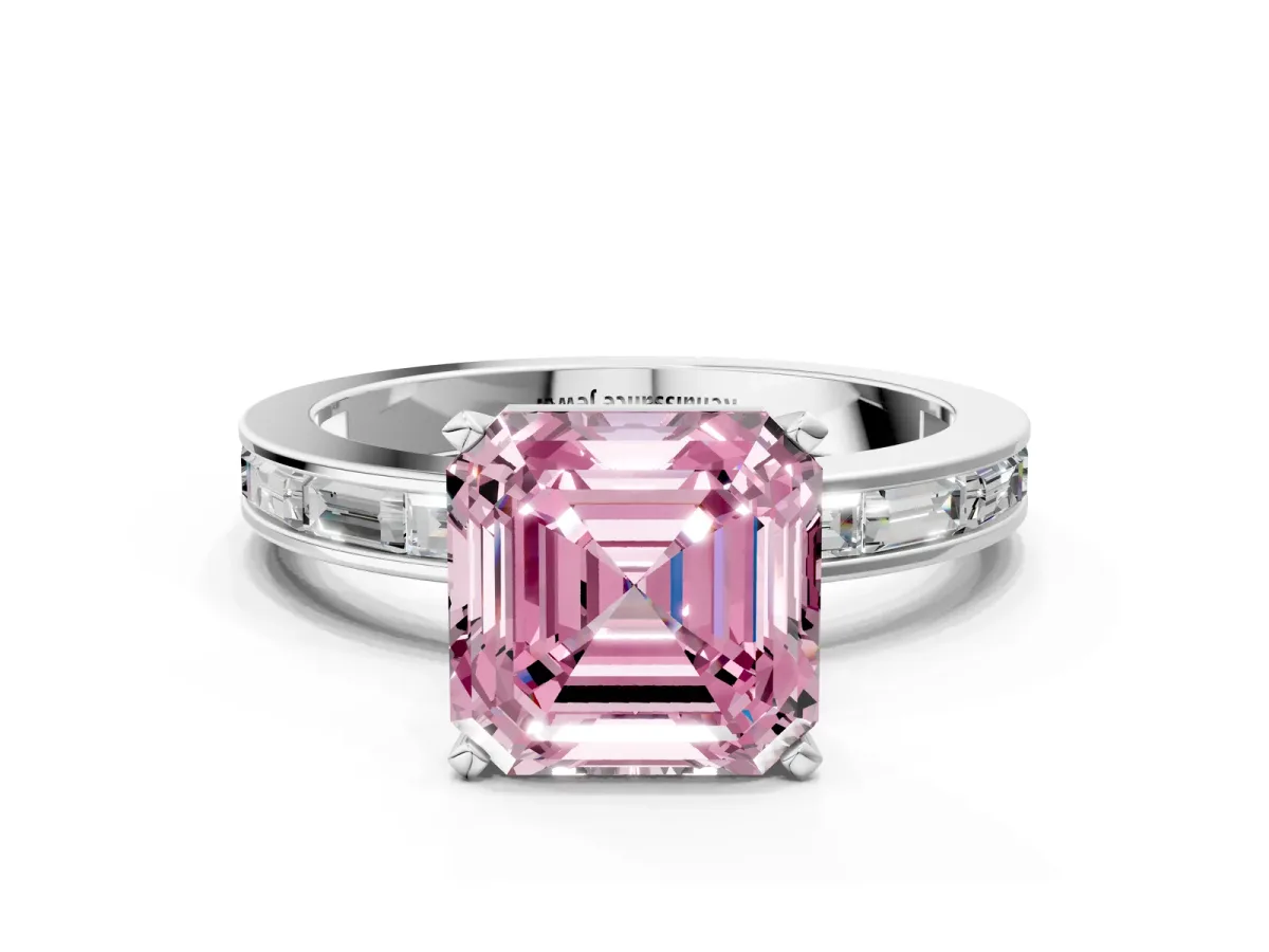 Fancy Pink Asscher Cut Solitaire Diamond Ring with Channel-Set Baguette Band and Four-Prong Setting White gold