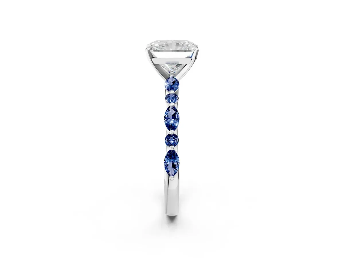 Radiant Cut Diamond Ring with Marquise and Round Blue Sapphire Side Stones and Four-Prong Setting Platinum