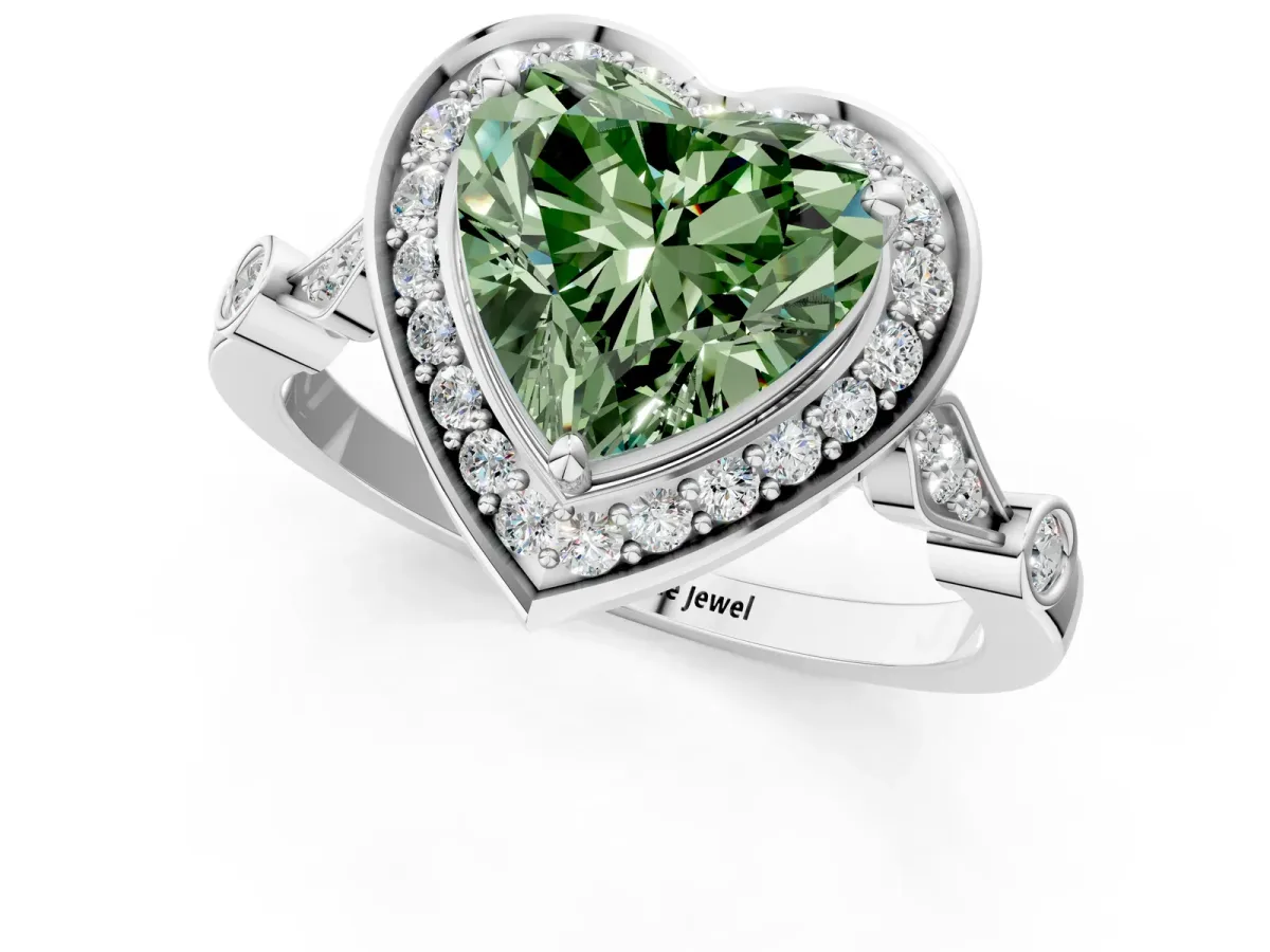 Fancy Green Heart Cut Halo Diamond Engagement Ring with Twisted Band and Four-Prong Setting Platinum