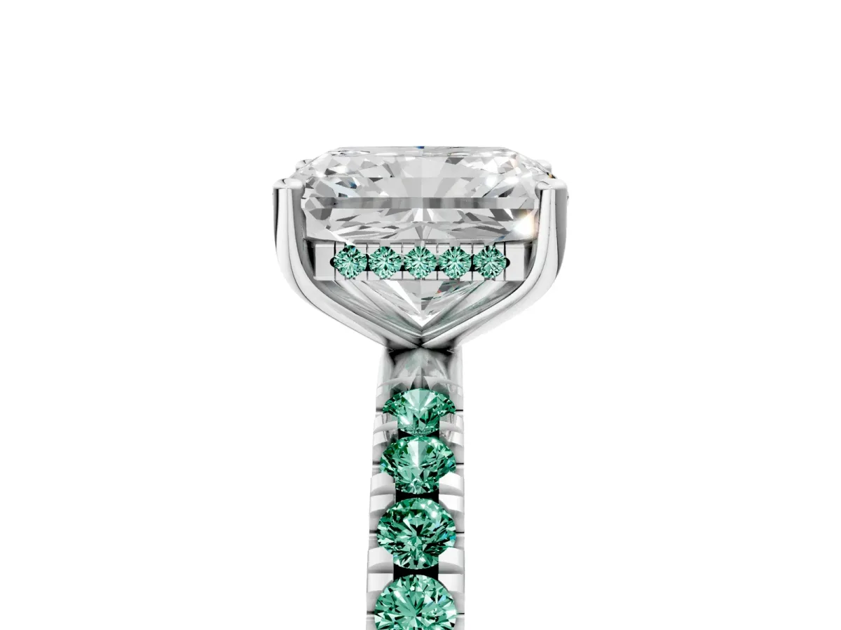 Radiant Cut Diamond Pave Band Solitaire Ring with Round Green Sapphire and Prong Setting White gold