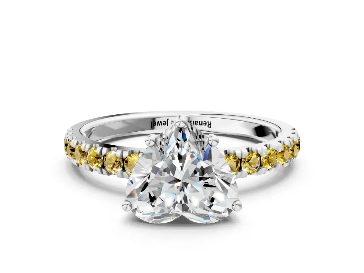 Heart Cut Diamond Pave Band Solitaire Ring with Round Yellow Sapphire and Prong Setting White gold