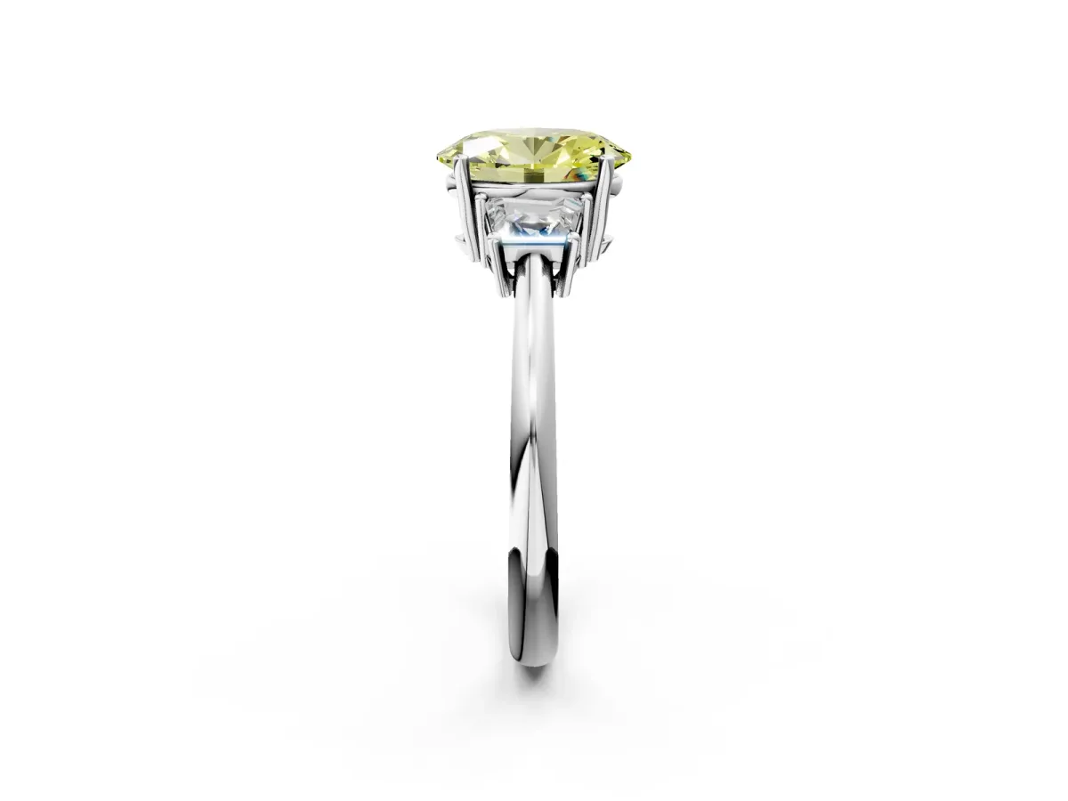 Fancy Yellow Oval Cut Diamond Three-Stone Ring with Trapezoid Side Stones and Prong Setting Silver