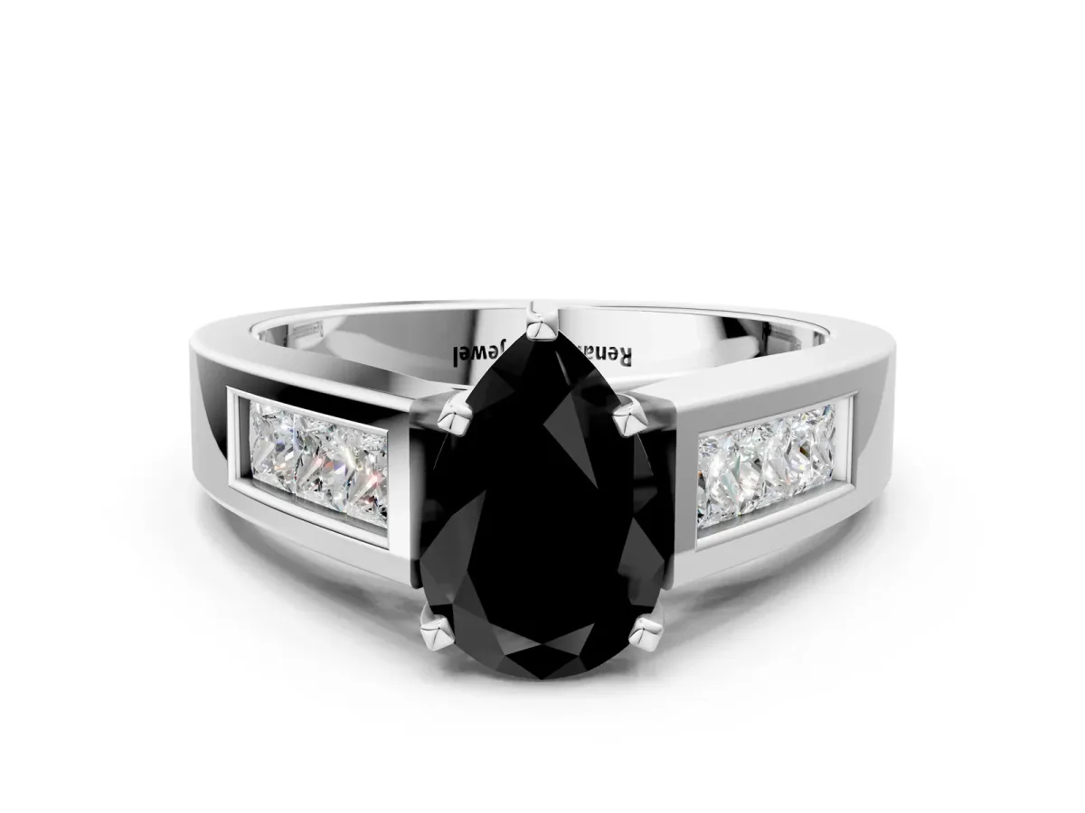 Fancy Black Pear Cut Cut Channel Set Solitaire Ring with Four-Prong Setting Platinum