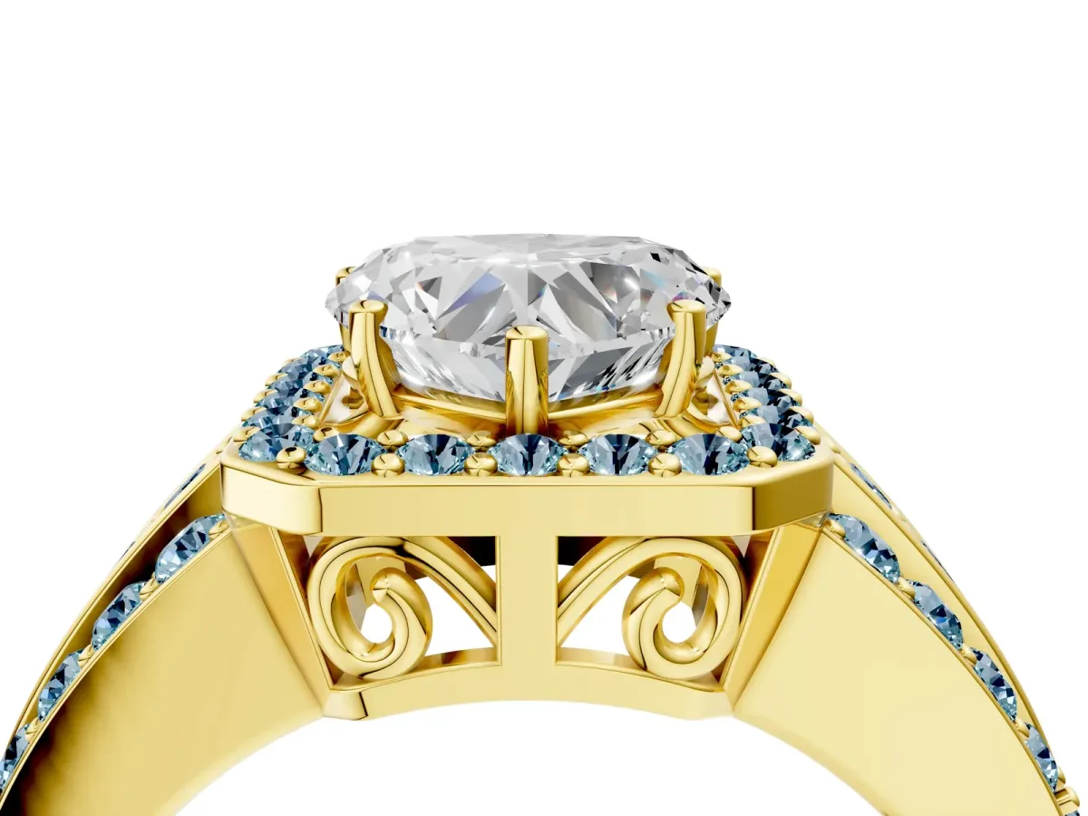 Heart Cut Halo Diamond Ring with Round Aquamarine Split Shank and Prong Setting Yellow gold