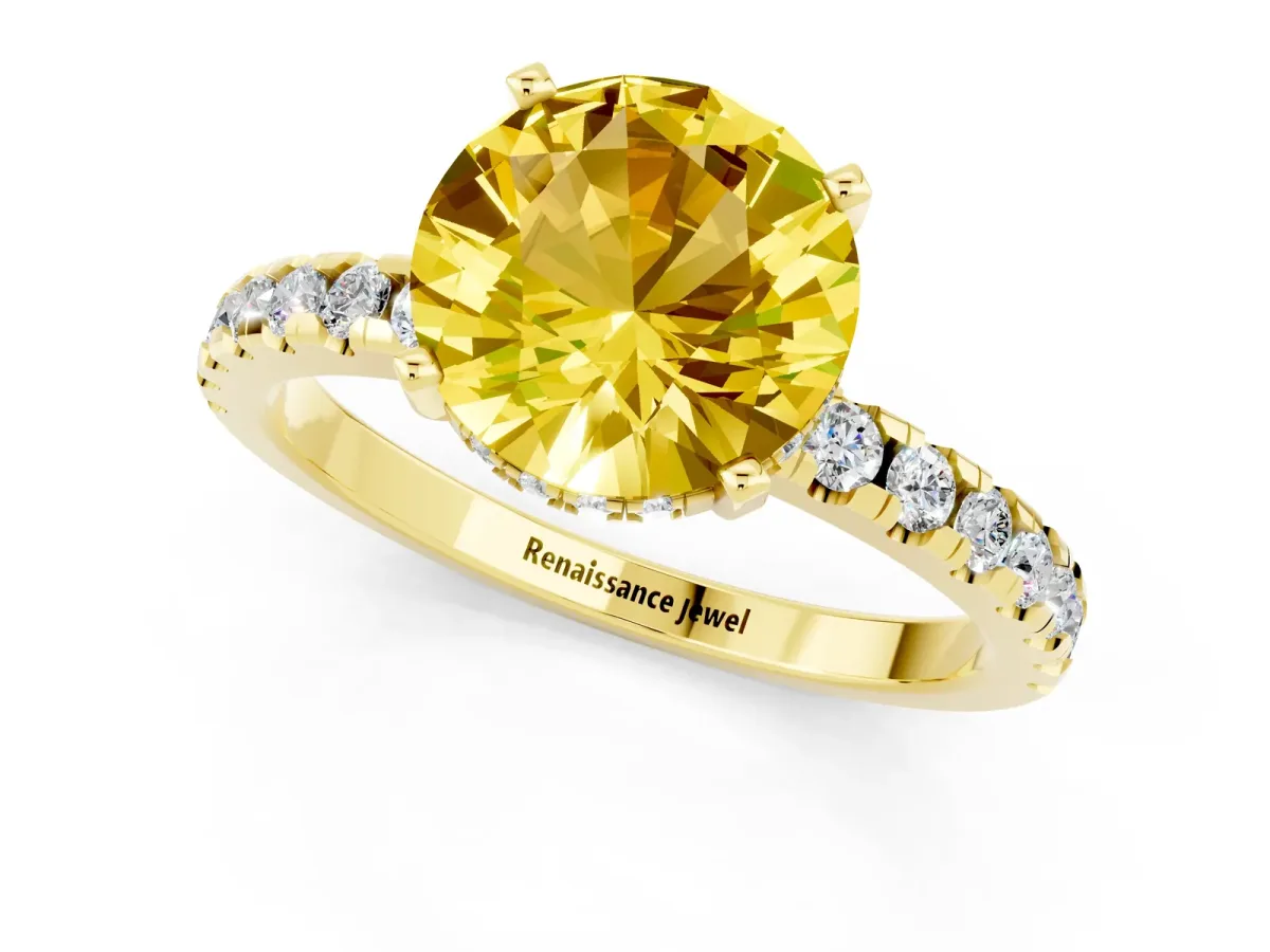 Round Cut Yellow Sapphire Solitaire Ring with Round Pavé Band and Four-Prong Setting Yellow gold