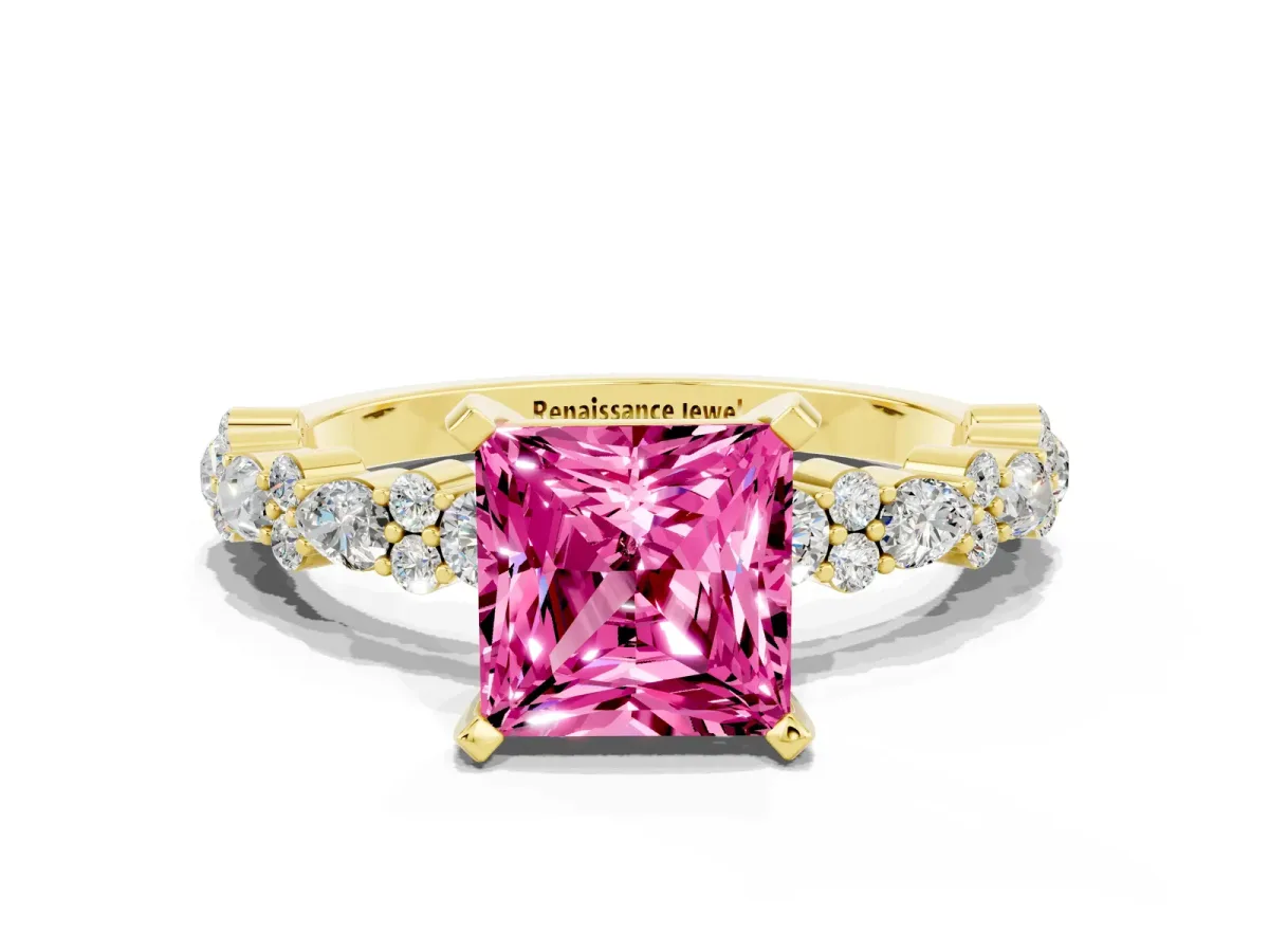 Princess Cut Pink Sapphire Side Stone Solitaire Ring with Round and Four-Prong Setting Yellow gold