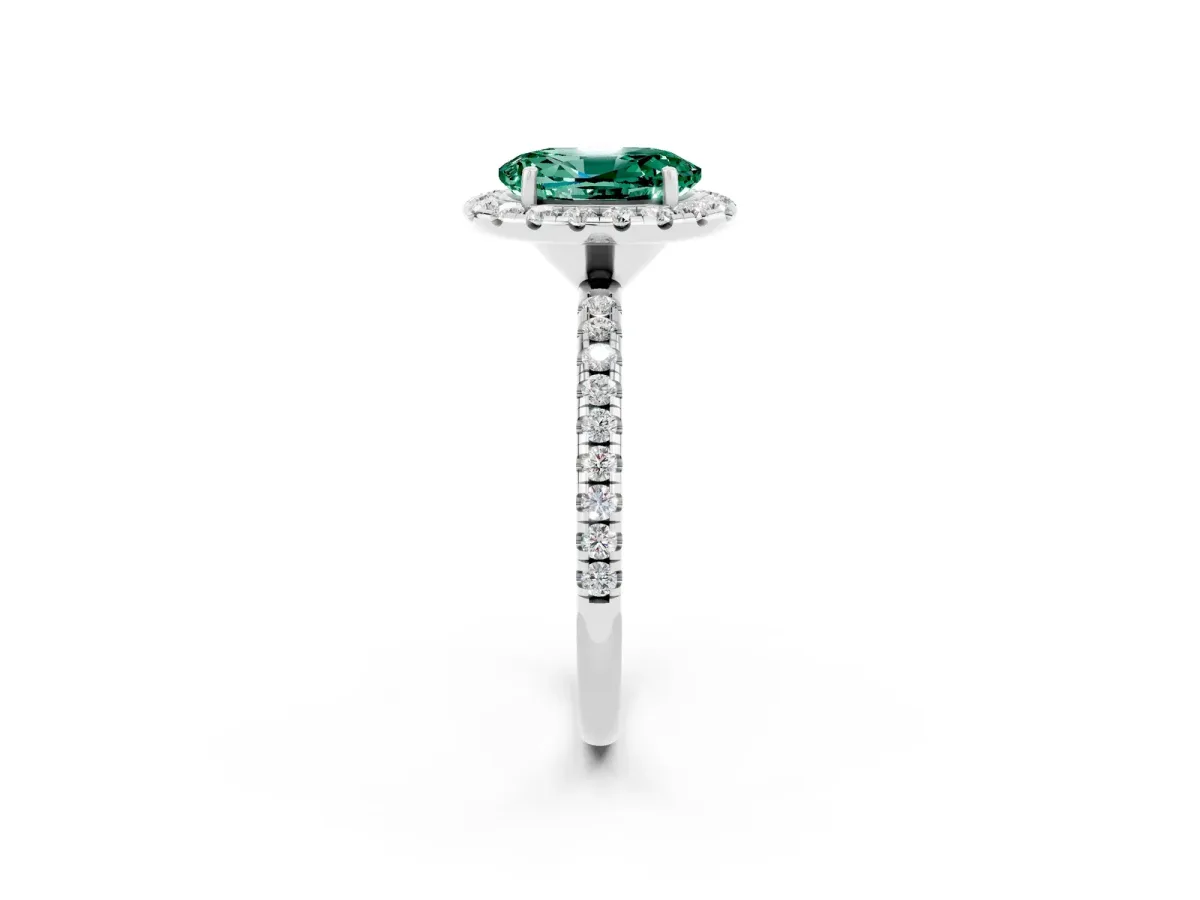 Oval Cut Green Sapphire Halo Ring with Round Pavé Band and Prong Setting White gold
