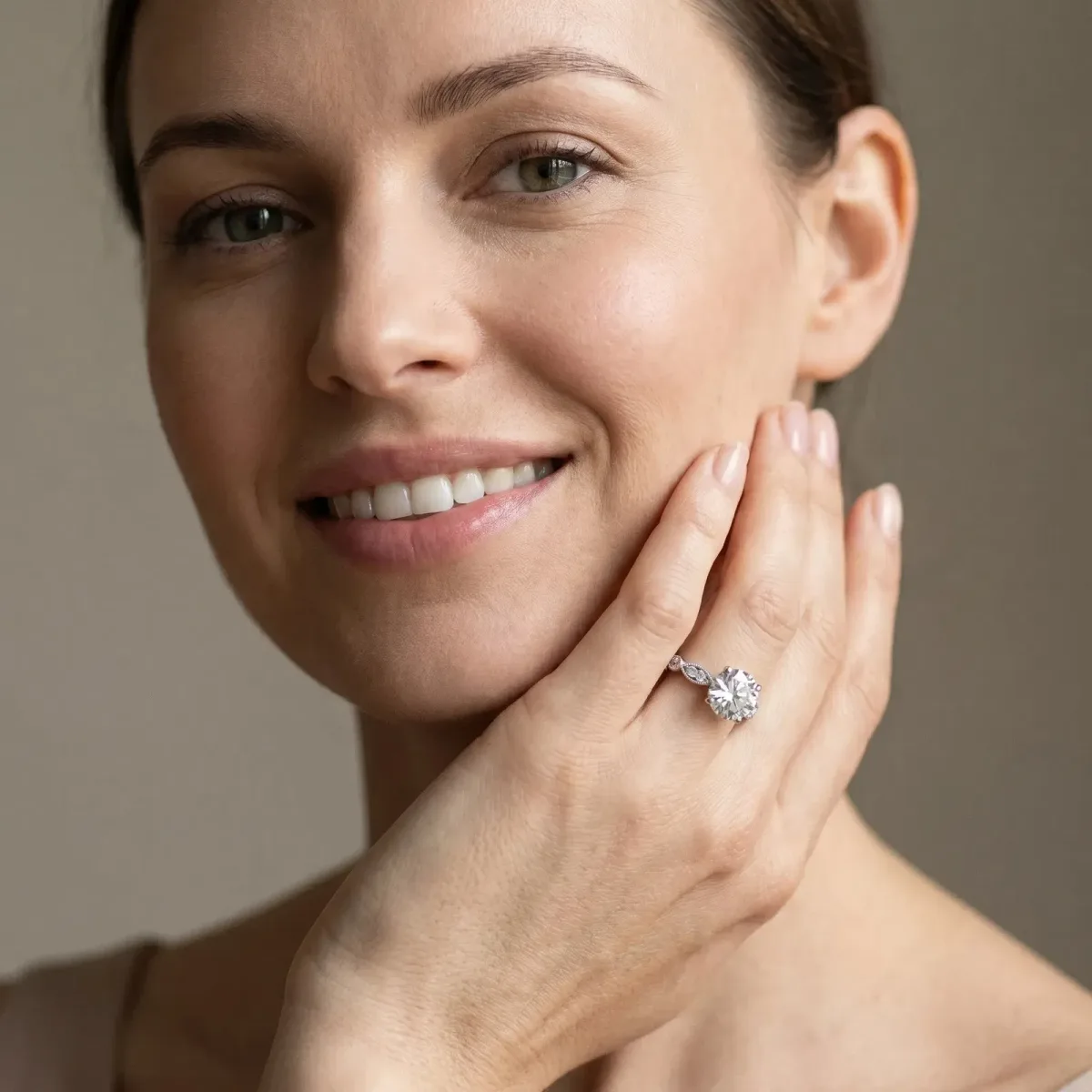Round Cut Cut Diamond with Milgrain Marquise and Bezel Accents on a Solitaire Band with Prong Setting Silver