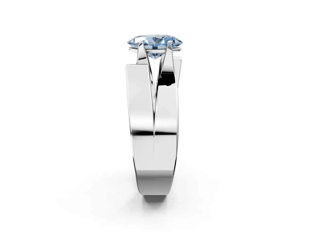 Fancy Blue Modern Tension Set Oval Cut Diamond Solitaire Wide Band Ring Silver