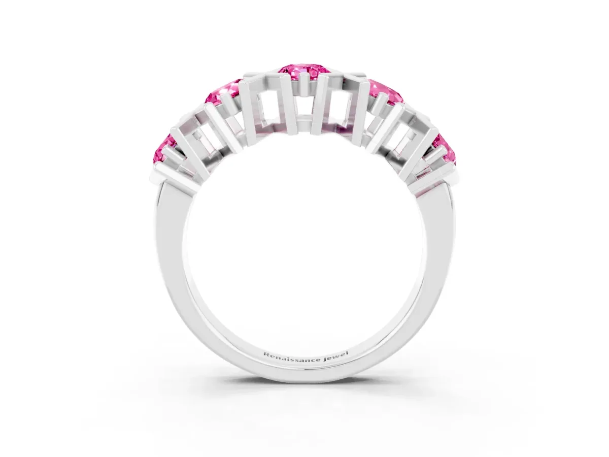 Round Pink Sapphire Channel Set Band with X-Prong Detail Platinum