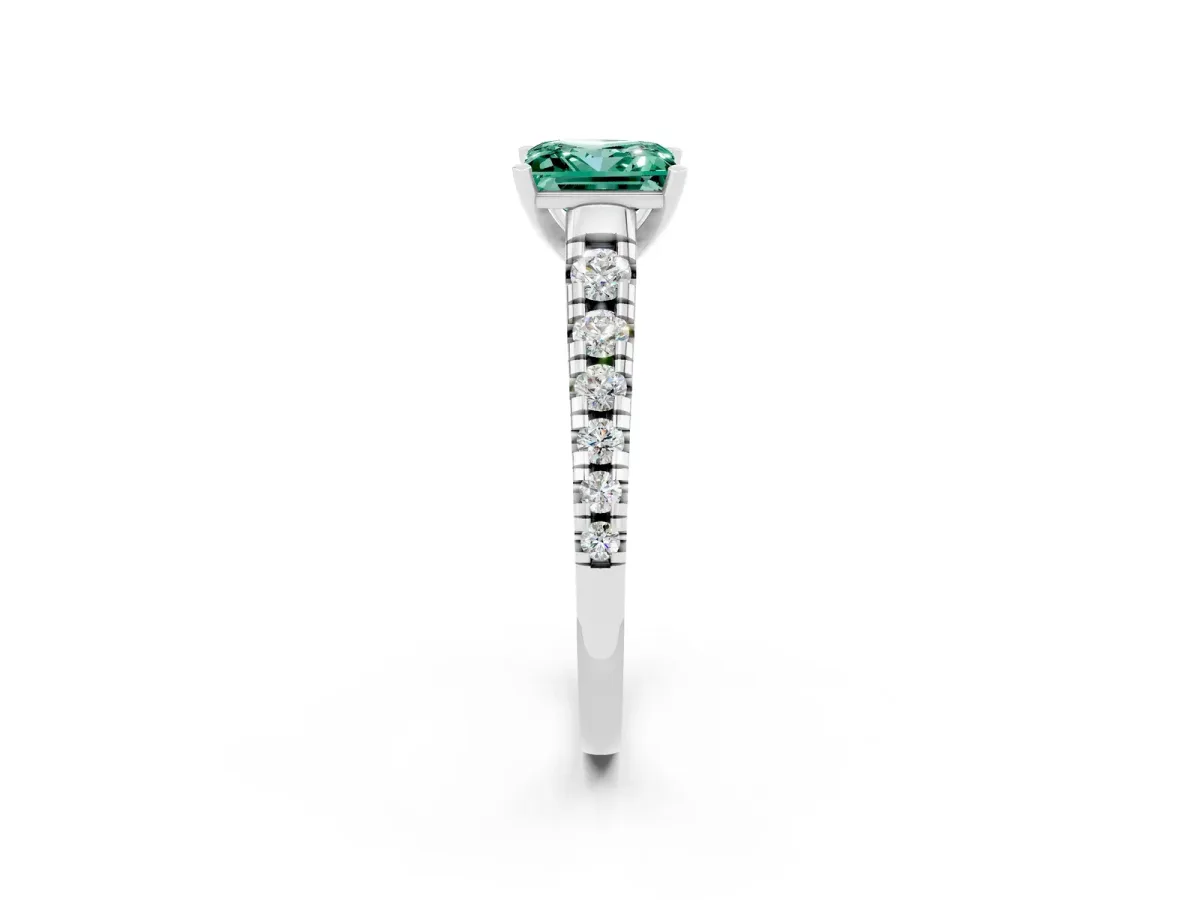 Princess Cut Green Sapphire Cathedral Solitaire Ring with Round Pavé Band White gold