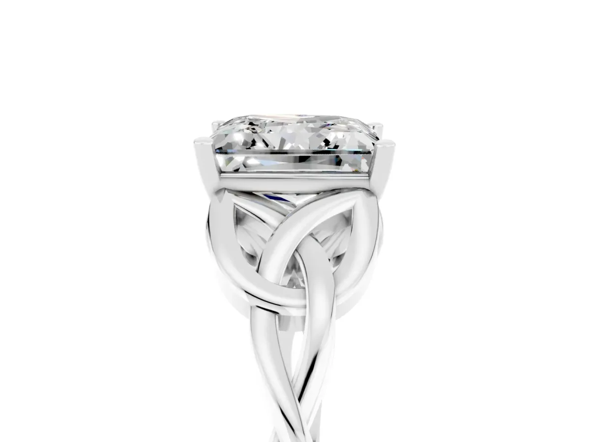 Princess Cut Moissanite Solitaire Engagement Ring with Celtic Knot Band and Four-Prong Setting White gold