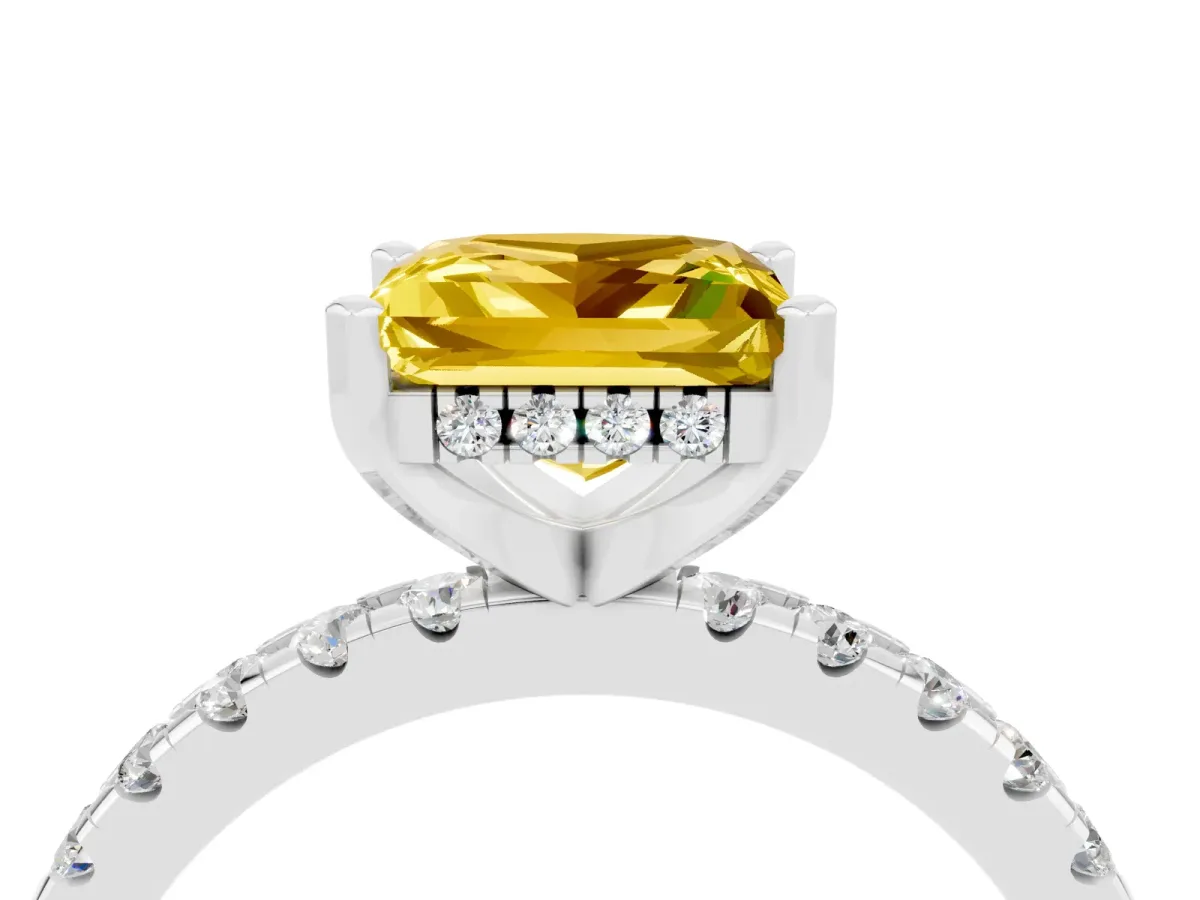Princess Cut Yellow Sapphire Solitaire Ring with Round Pavé Band and Four-Prong Setting White gold