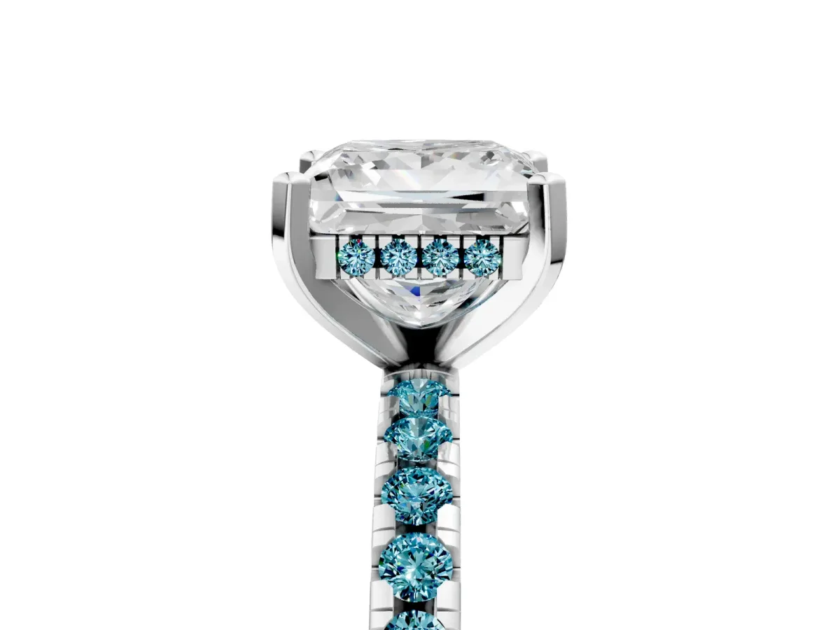 Princess Cut Diamond Solitaire Ring with Round Blue Topaz Pavé Band and Four-Prong Setting White gold