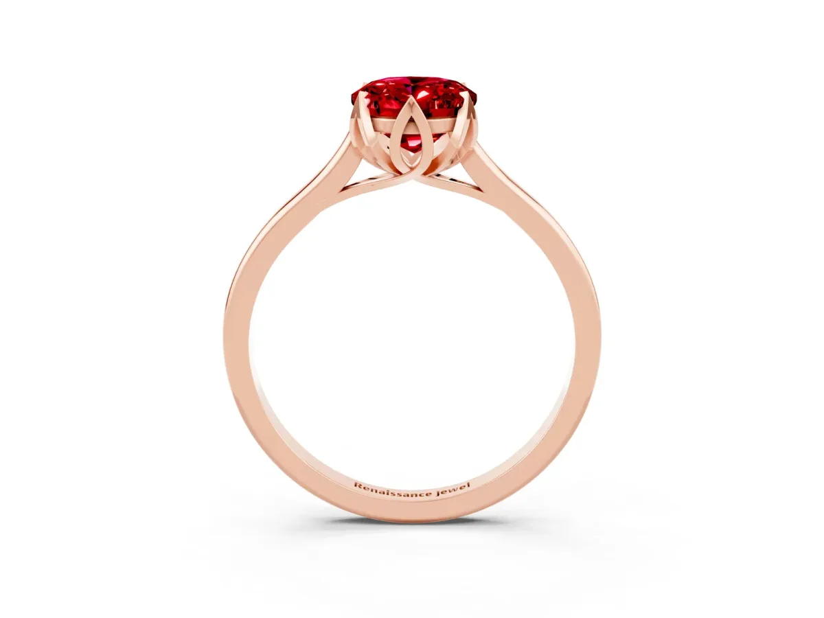 Oval Cut Ruby Solitaire Ring with Flower Prong Setting and Classic Band Rose gold