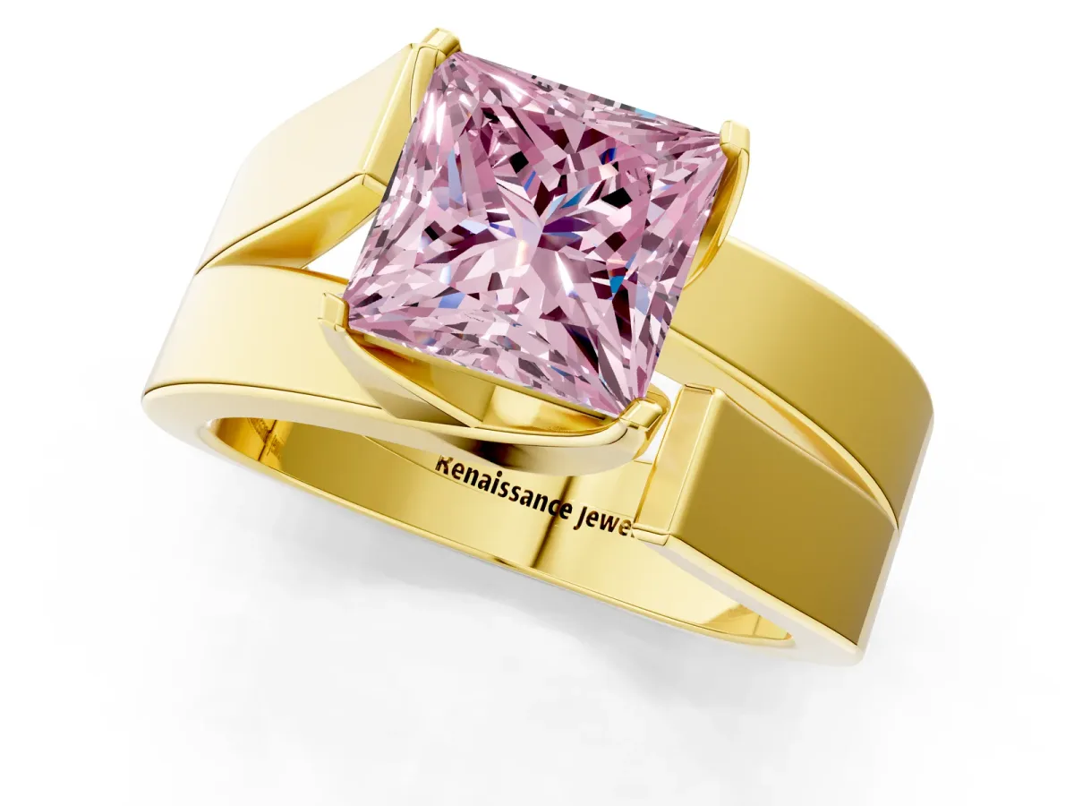 Fancy Pink Modern Tension Set Princess Cut Diamond Solitaire Wide Band Ring Yellow gold