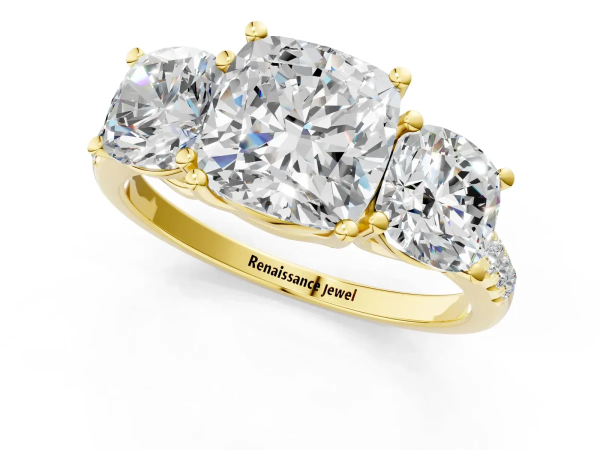 Fancy Green Three-Stone Cushion Cut Diamond Ring with Round Pavé Band and Prong Setting Yellow gold