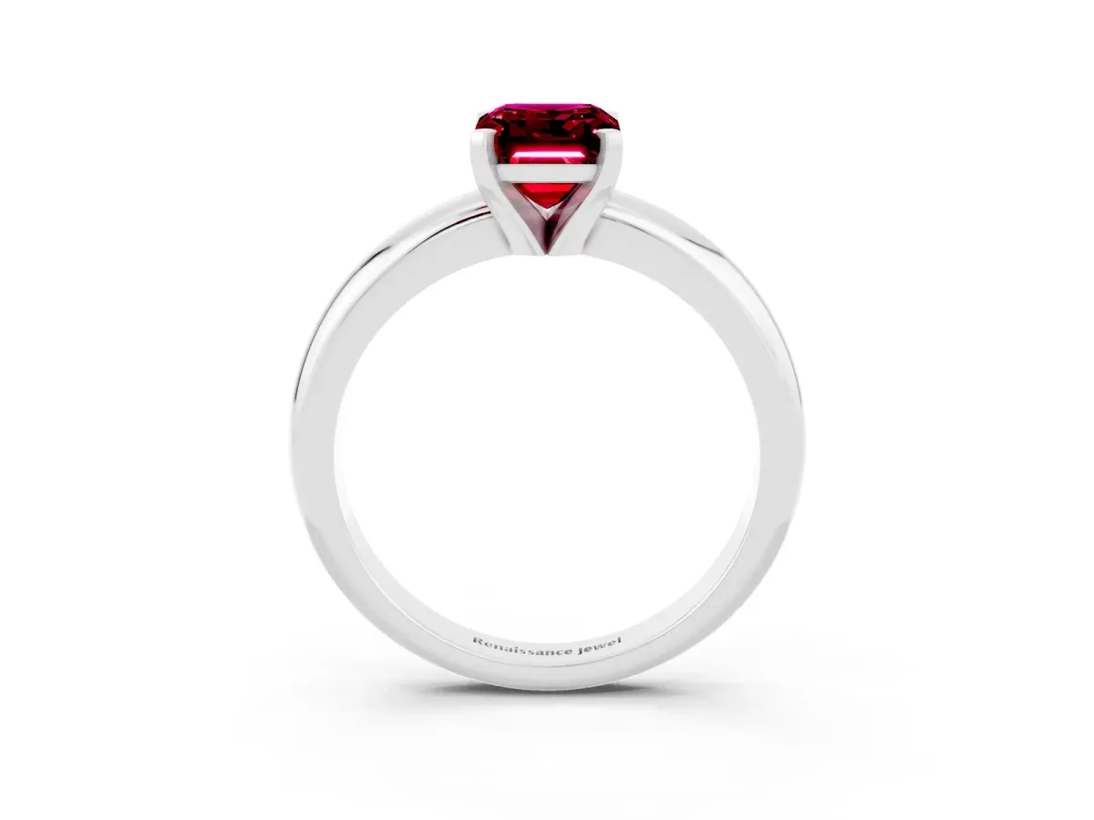 Emerald Cut Garnet Solitaire Engagement Ring with Round Band and Four-Prong Setting Platinum