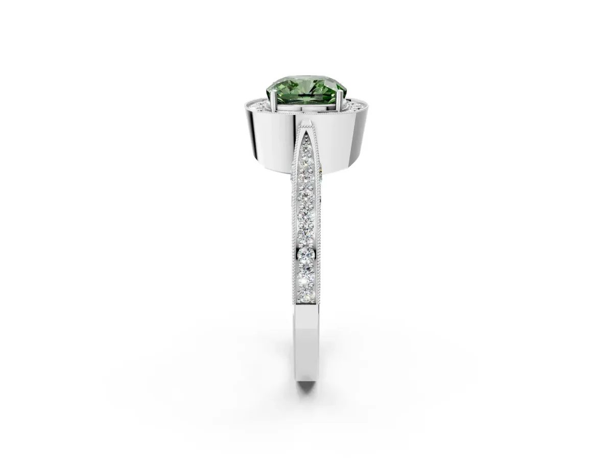 Fancy Green Cushion Cut Halo Diamond Engagement Ring with Split Shank Band and Four-Prong Setting White gold