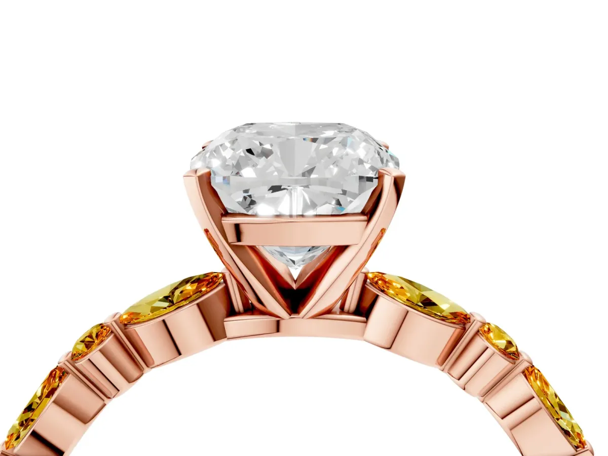 Cushion Cut Diamond Ring with Marquise and Round Citrine Side Stones and Four-Prong Setting Rose gold