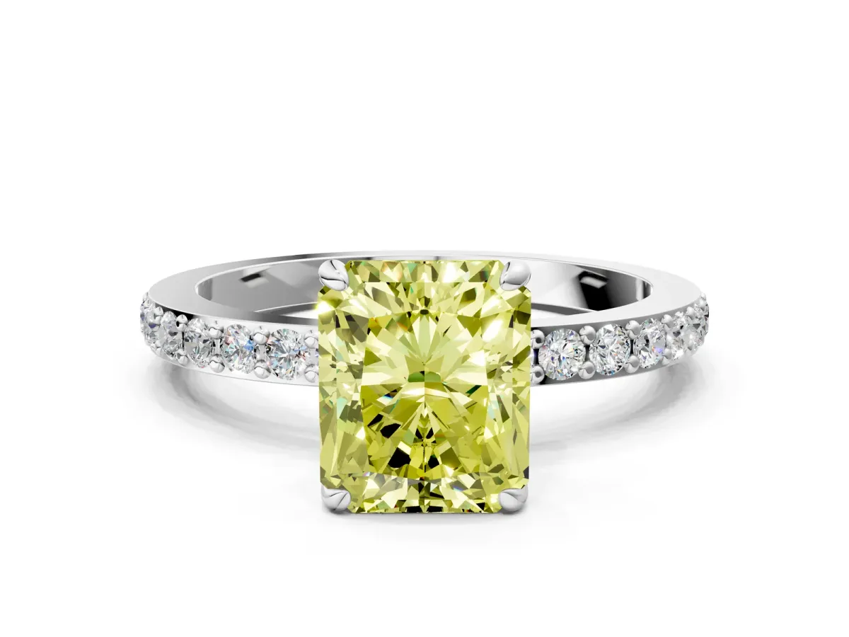 Fancy Yellow Radiant Cut Diamond Solitaire Engagement Ring with Pavé Band and Four-Prong Setting White gold