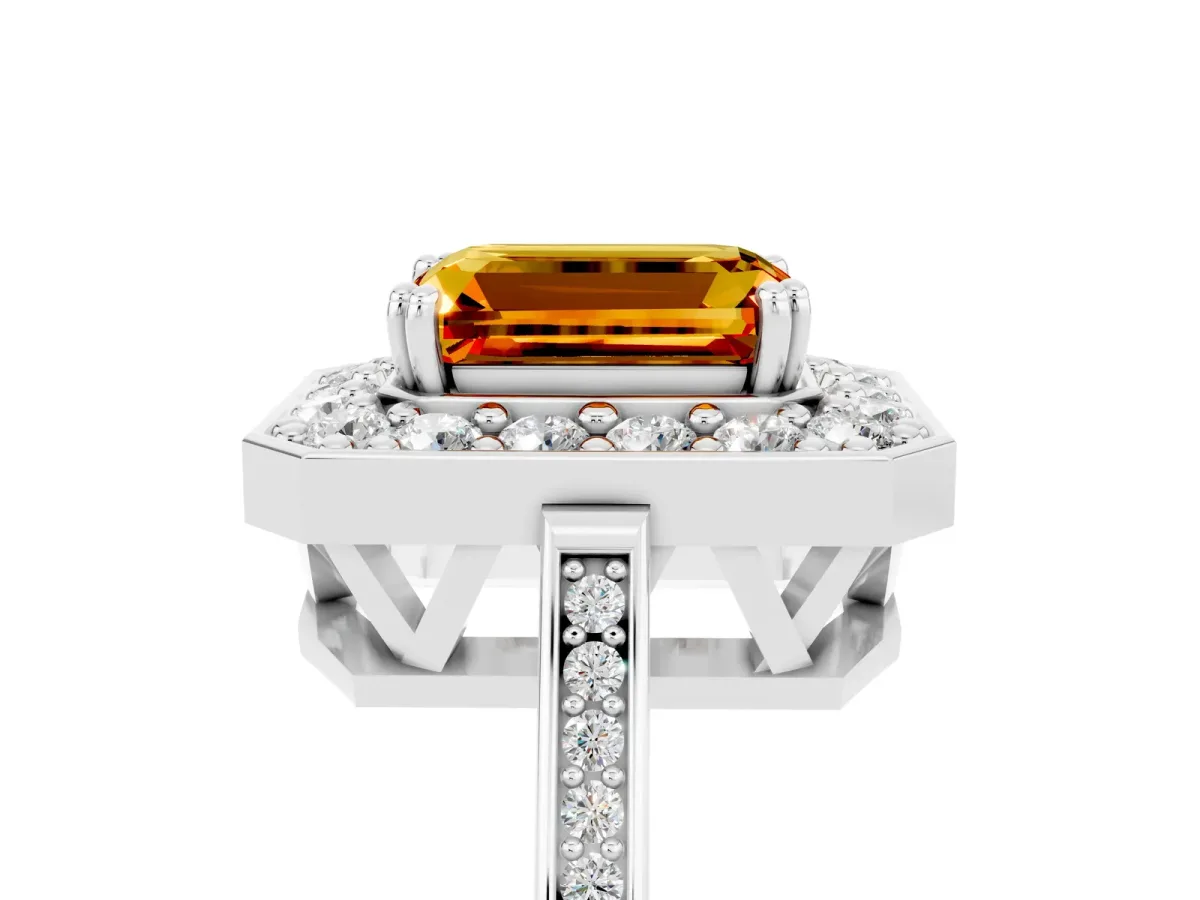 Emerald Cut Citrine Halo Ring with Split Shank and Four-Prong Setting White gold