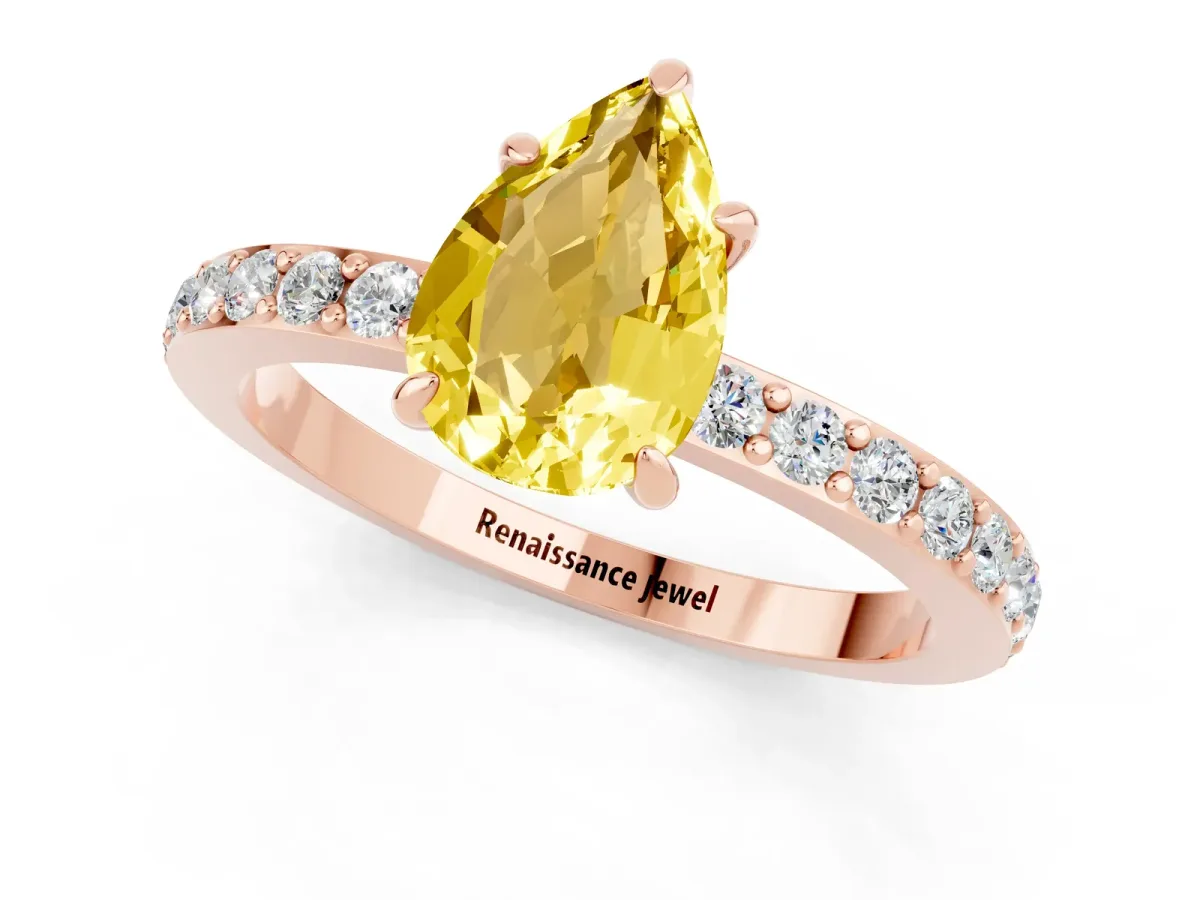 Pear Cut Yellow Sapphire Solitaire Engagement Ring with Pavé Band and Four-Prong Setting Rose gold