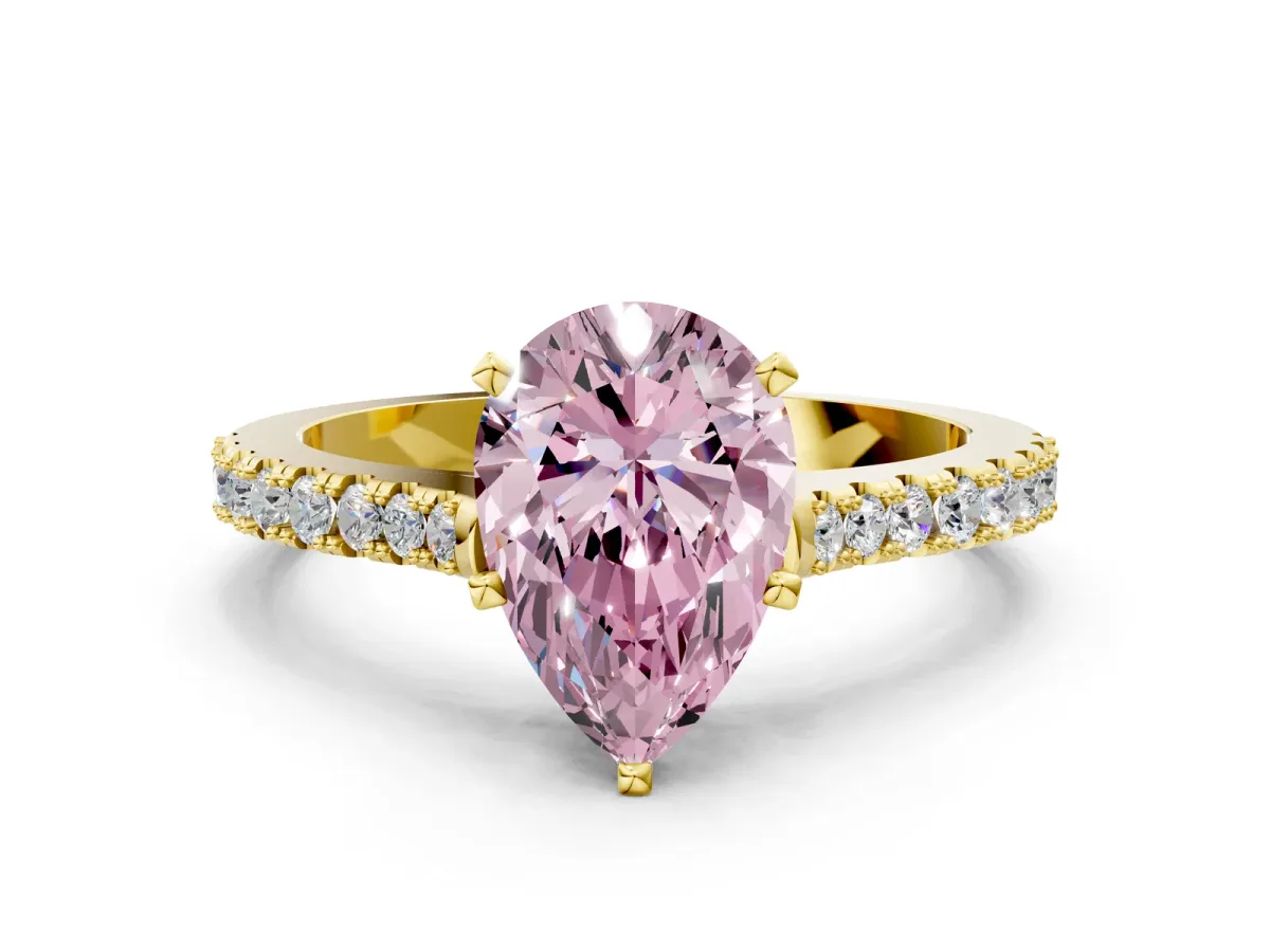 Fancy Pink Pear Cut Cut Solitaire Diamond Engagement Ring with Pave Band and Four-Prong Setting Yellow gold