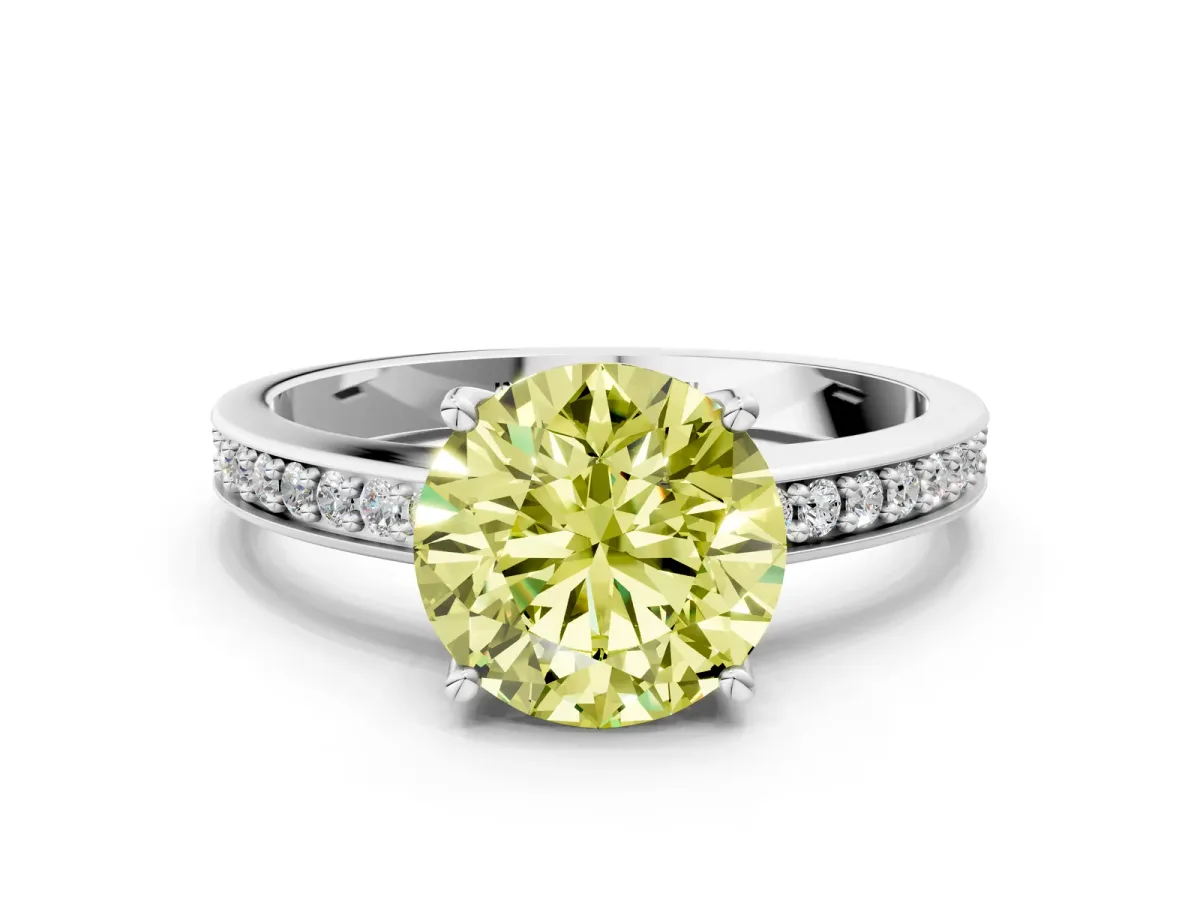 Fancy Yellow Round Cut Solitaire Pavé Band Prong Setting Ring Silver