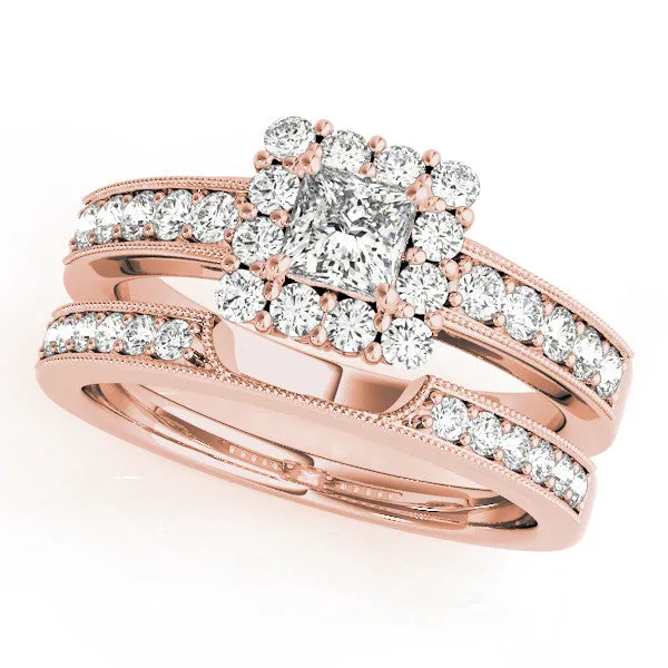 Asscher Cut Cut Halo Diamond Pavé Engagement Ring with Milgrain Detailing Rose gold