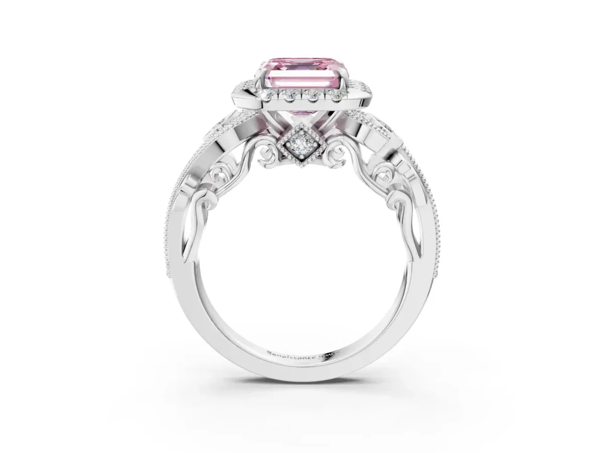 Fancy Pink Asscher Cut Diamond Halo Ring with Milgrain Pavé Band and Four-Prong Setting White gold