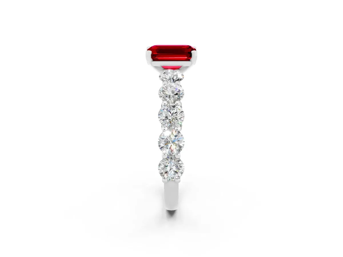 Emerald Cut Ruby Prong Setting with Side Stones on a Pave Band White gold