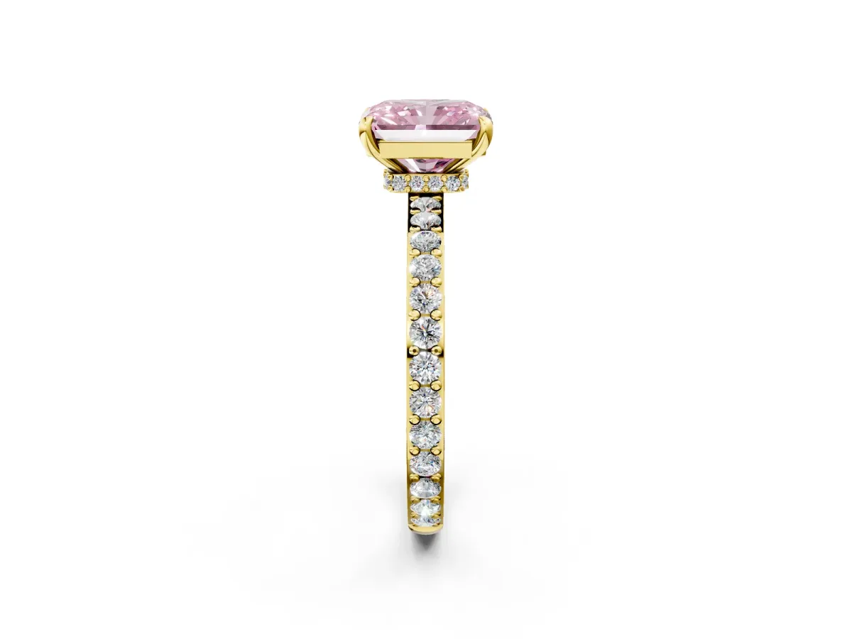 Fancy Pink Radiant Cut Diamond Solitaire Engagement Ring with Pavé Band and Four-Prong Setting Yellow gold
