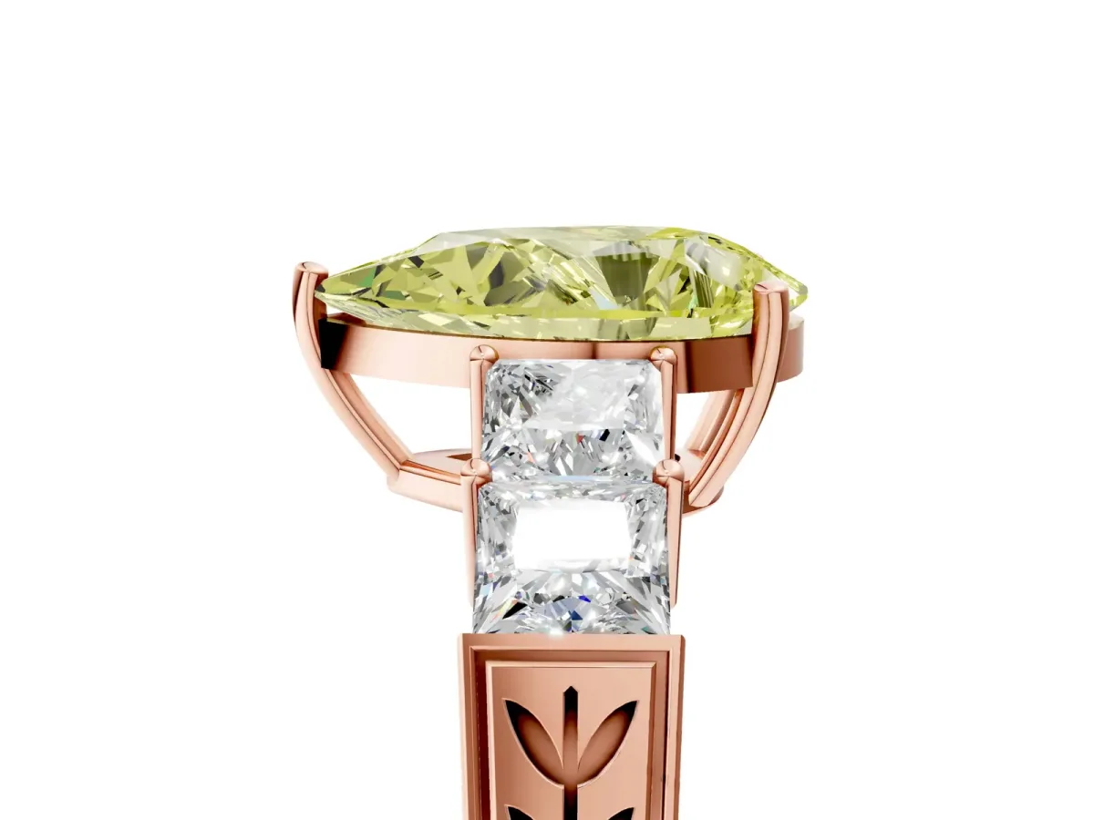 Fancy Yellow Pear Cut Solitaire Princess Side Stone Engraved Band Prong Setting Ring Rose gold