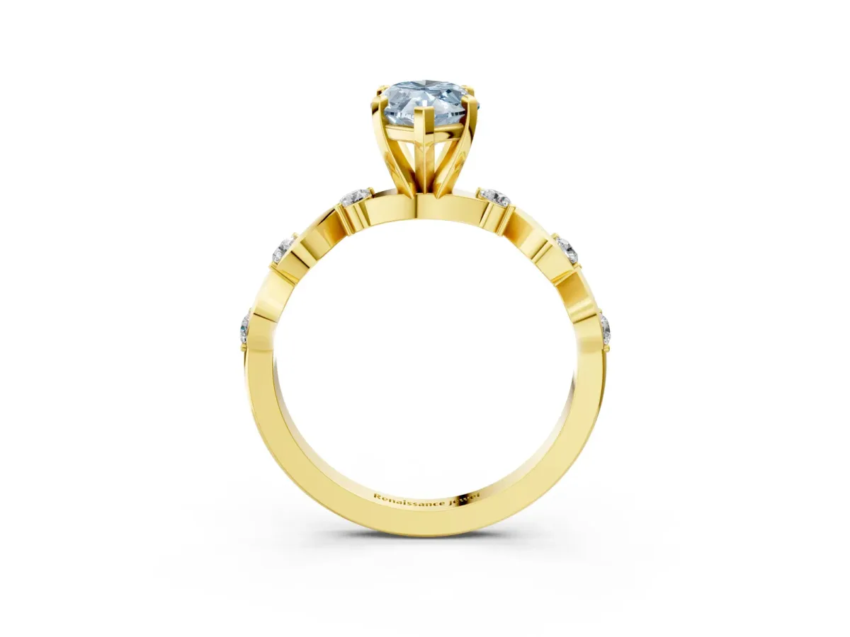 Fancy Blue Marquise Cut Diamond Solitaire Twisted Band with Round Accents and Prong Setting Yellow gold