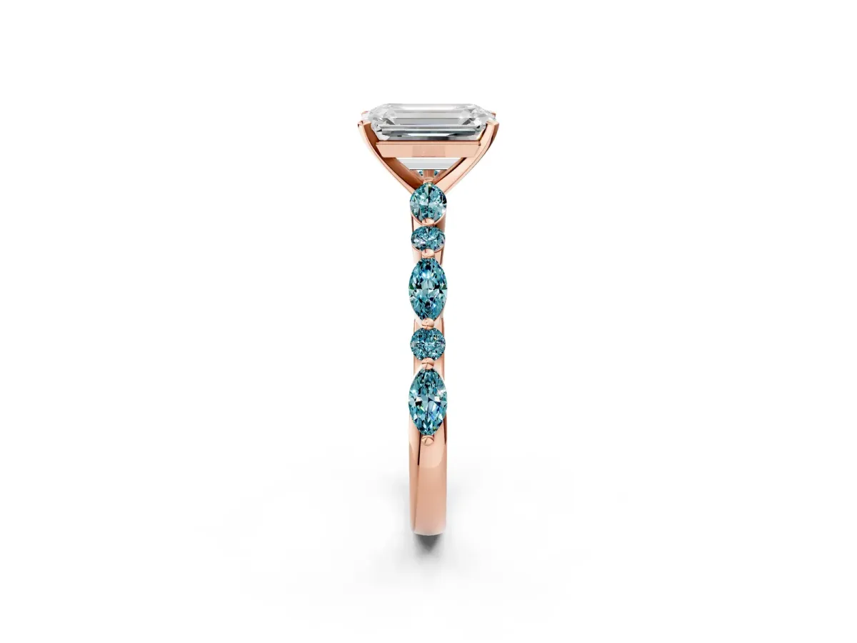 Emerald Cut Diamond Ring with Marquise and Round Blue Topaz Side Stones and Four-Prong Setting Rose gold