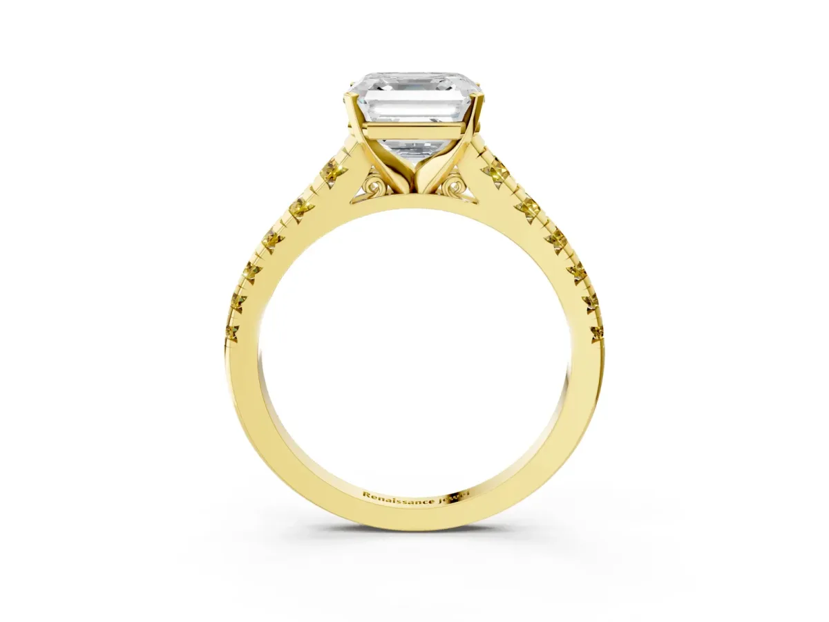 Asscher Cut Diamond Cathedral Solitaire Ring with Round Yellow Sapphire Pavé Band Yellow gold