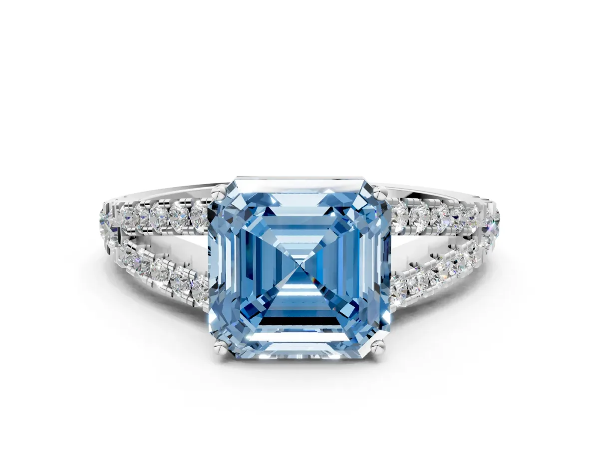 Fancy Blue Asscher Cut Diamond Split Shank Engagement Ring with Round Pavé and Prong Setting Platinum