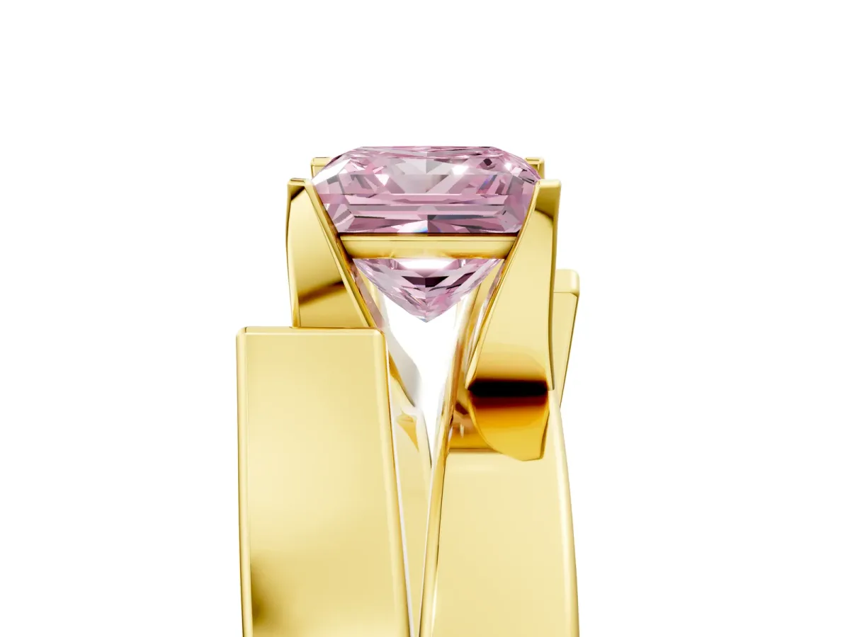 Fancy Pink Modern Tension Set Princess Cut Diamond Solitaire Wide Band Ring Yellow gold
