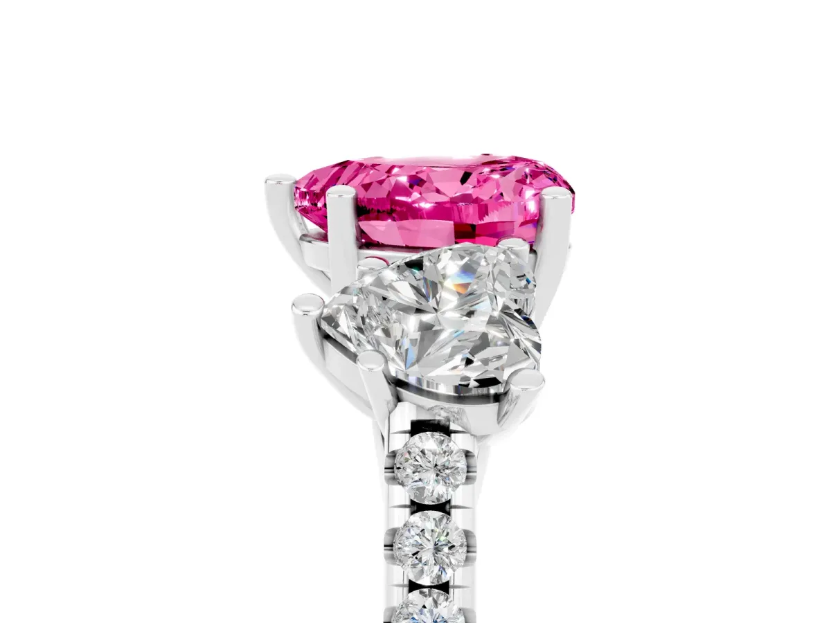 Three-Stone Heart Cut Pink Sapphire Ring with Round Pavé Band and Prong Setting White gold