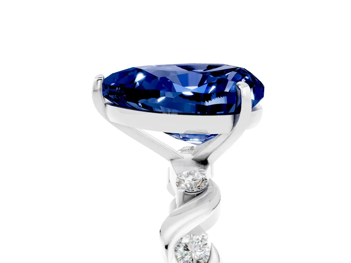 Heart Cut Blue Sapphire Solitaire Twisted Band with Round Accents and Prong Setting White gold
