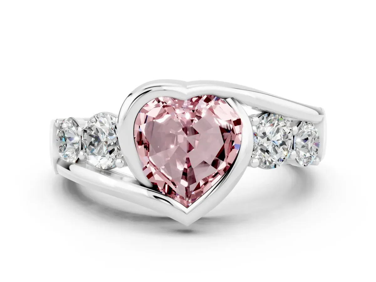 Bezel Set Heart Cut Morganite Bypass Ring with Round Accents Platinum