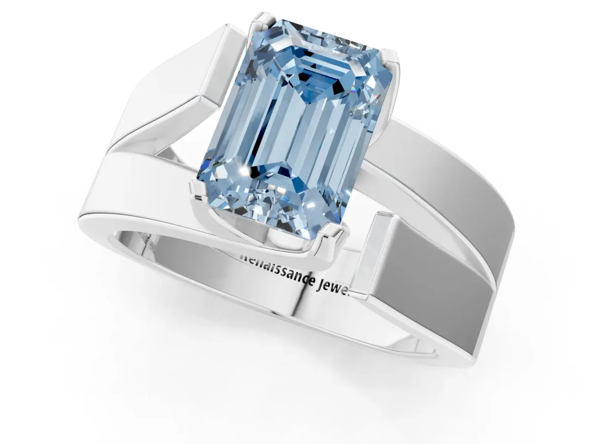 Fancy Blue Modern Tension Set Emerald Cut Diamond Solitaire Wide Band Ring Platinum