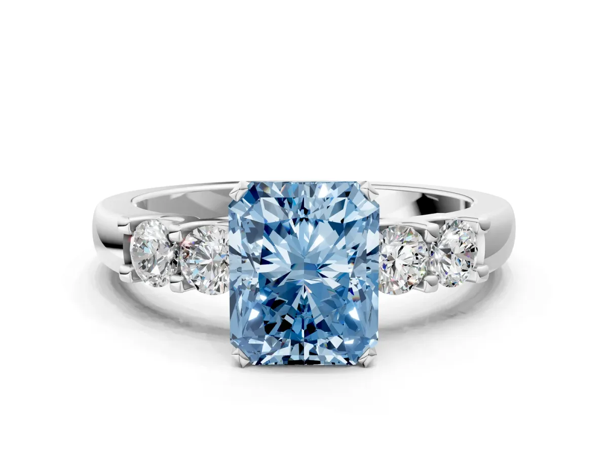 Fancy Blue Radiant Cut Brilliant Cut Diamond Five-Stone Prong Set Engagement Ring with Channel Band Platinum