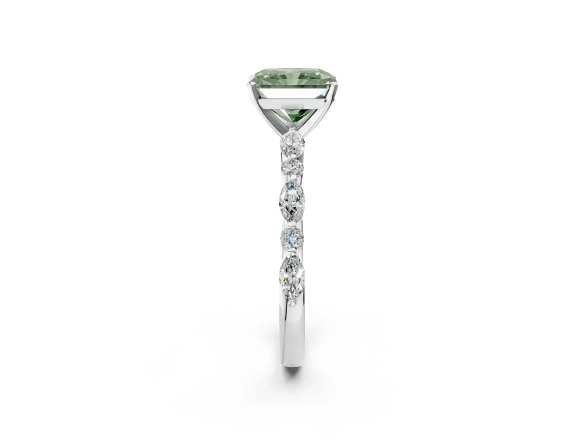 Fancy Green Radiant Cut Diamond Ring with Marquise and Round Side Stones and Four-Prong Setting White gold