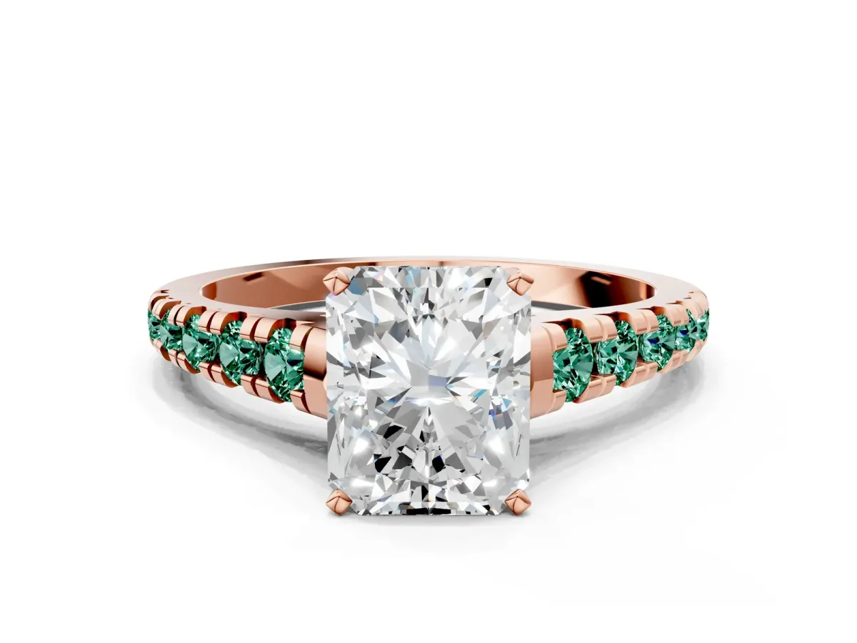 Radiant Cut Diamond Cathedral Solitaire Ring with Round Green Sapphire Pavé Band Rose gold