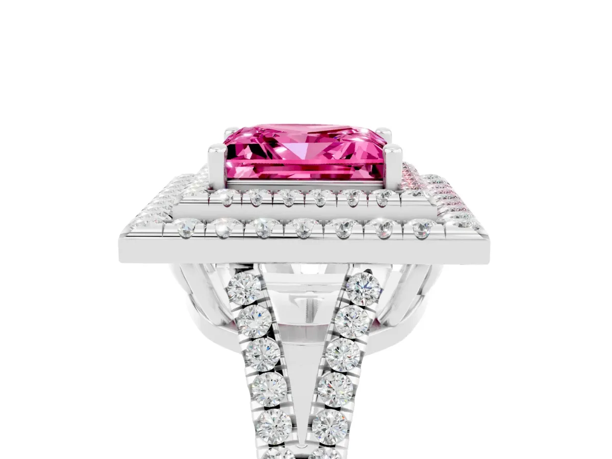 Princess Cut Pink Sapphire Double Halo Ring with Pavé Band and Prong Setting White gold
