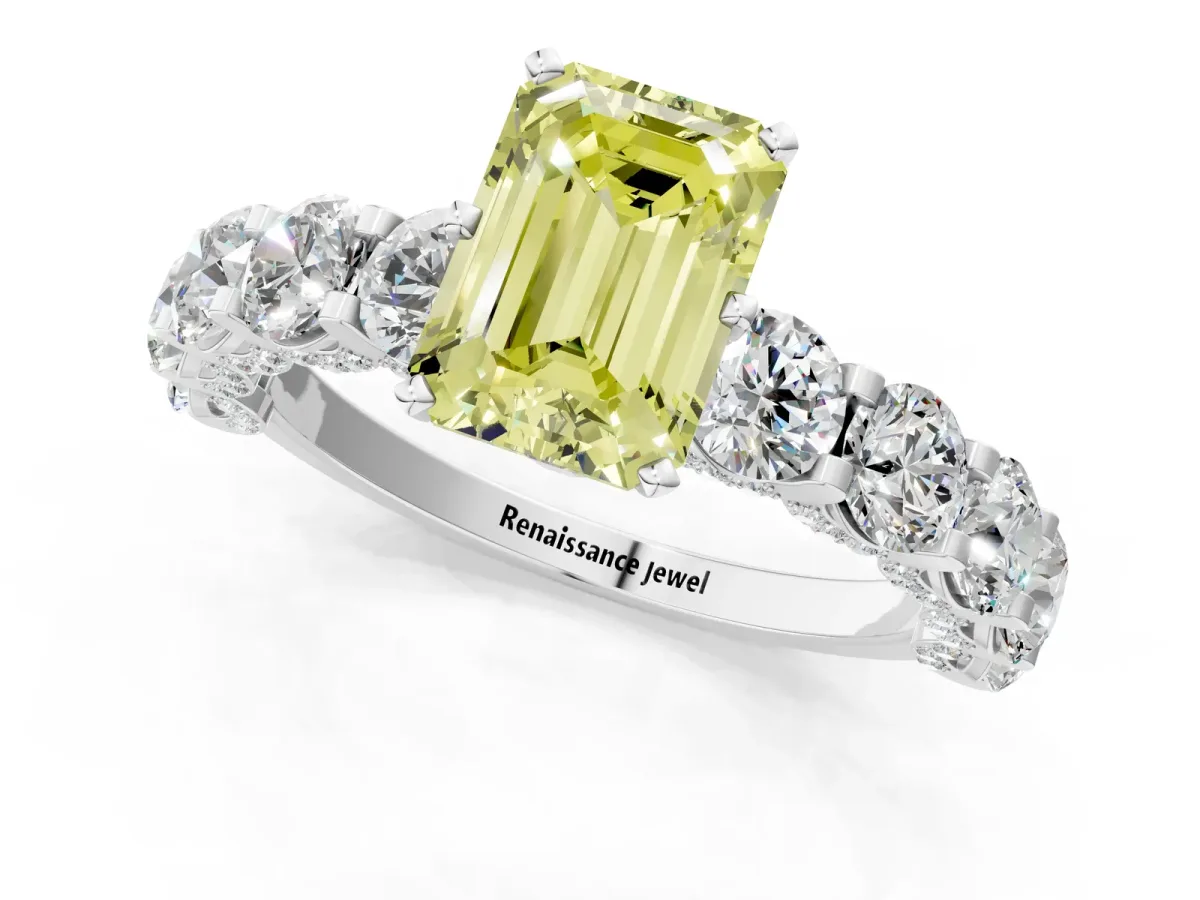 Fancy Yellow Emerald Cut Diamond Side Stone Engagement Ring with Four-Prong Setting Silver